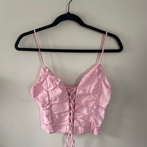 Tiger Mist Pink Criss Cross Crop Top